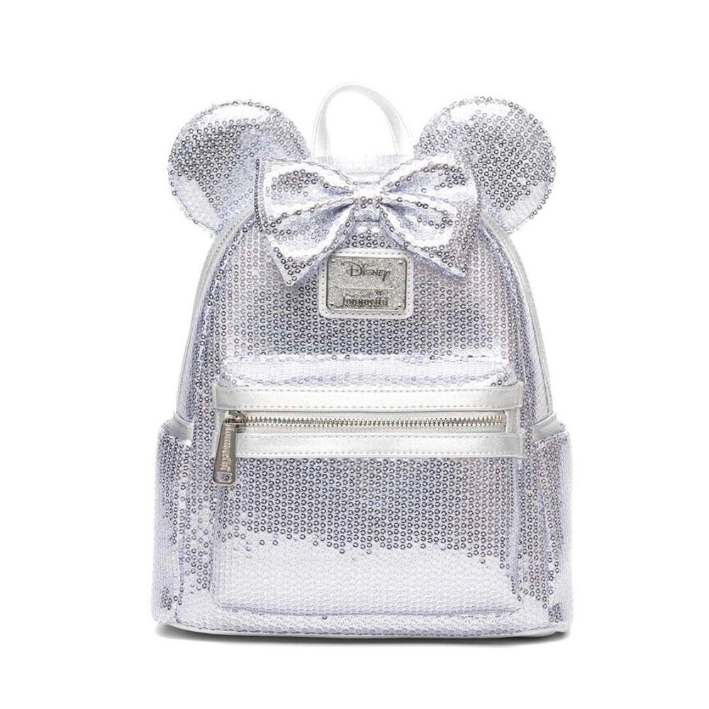 Loungefly Disney Minnie Mouse Platinum Sequin Mini Backpack Exclusive NWT